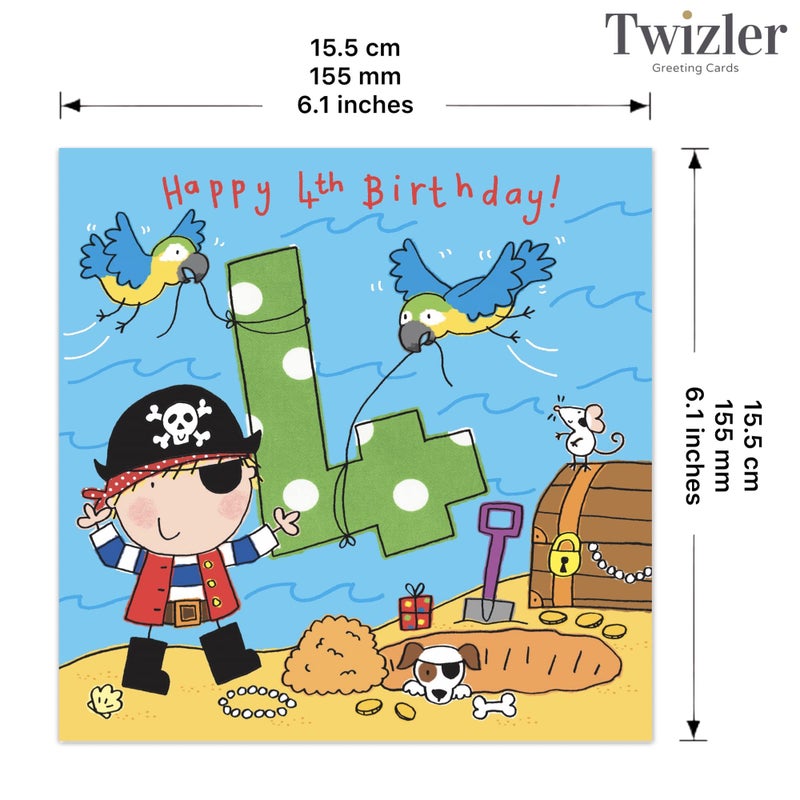 Twizler 4th Birthday Card Boy Pirate â€“ Age 4 Birthday Card â€“ Boys Birthday Card Age 4 â€“ Happy Birthday Card 4 Year Old Boy - Childrens Birthday Cards â€“ Happy Birthday Card Boy â€“ Card Age 4 Boy - Image 3